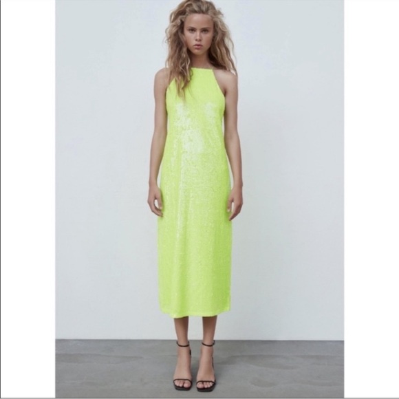 Zara Bright Yellow Sequin Halter Midi Dress - Picture 1 of 4